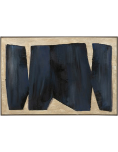Grande Toile murale peinte abstraite Cadre bois marron 82x122 Bleu foncé Blanc crème Pog 