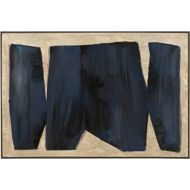Grande Toile murale peinte abstraite Cadre bois marron 82x122 Bleu foncé Blanc crème Pog 