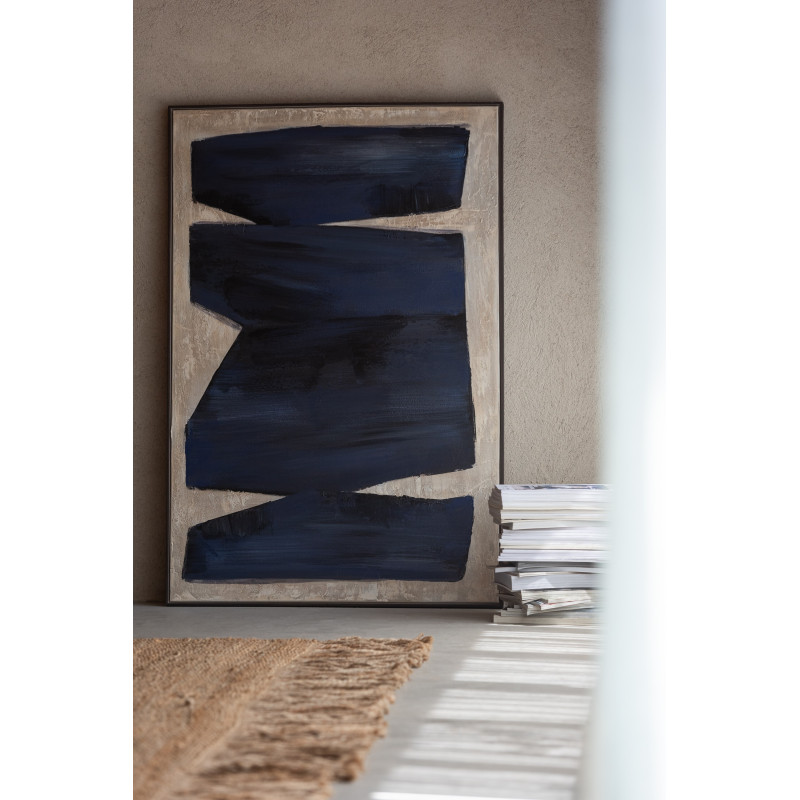 Grande Toile murale peinte abstraite Cadre bois marron 82x122 Bleu foncé Blanc crème Pog 