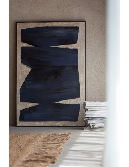 Grande Toile murale peinte abstraite Cadre bois marron 82x122 Bleu foncé Blanc crème Pog 