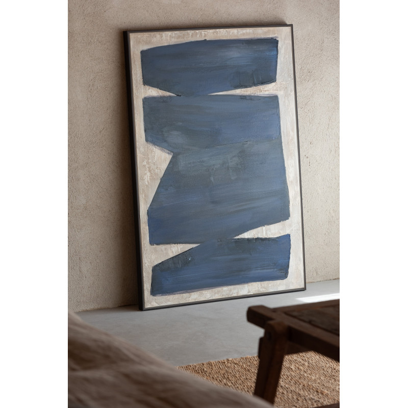 Grande Toile murale peinte abstraite Cadre bois marron 82x122 Bleu foncé Blanc crème Pog 