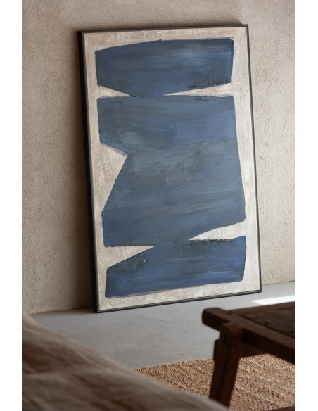 Grande Toile murale peinte abstraite Cadre bois marron 82x122 Bleu foncé Blanc crème Pog 