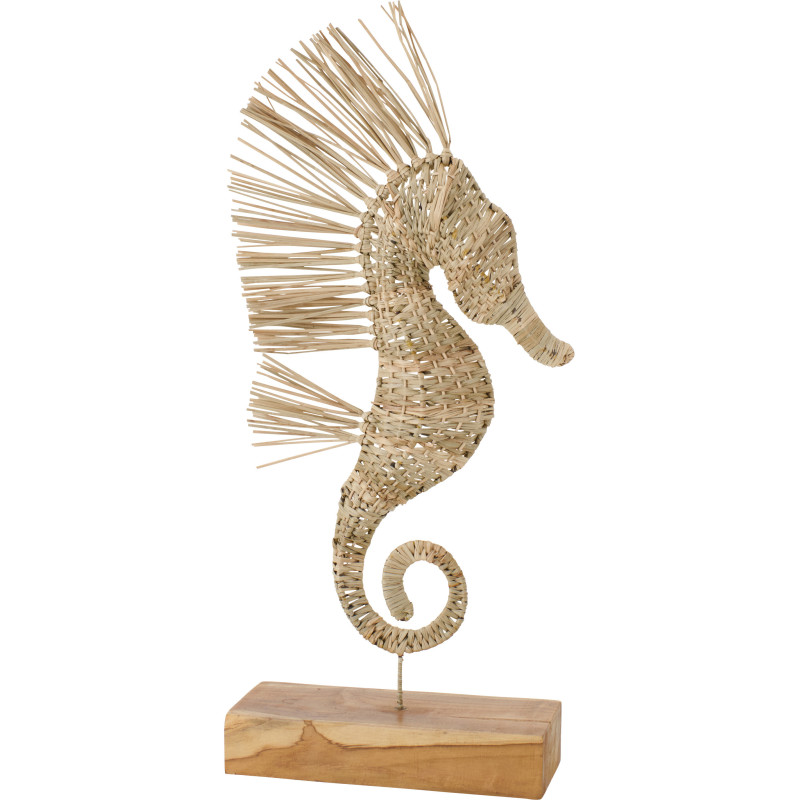 Grande Sculpture déco sur pied Hippocampe H 80 cm Herbe Naturel Tressé Bois Métal Abyssino 