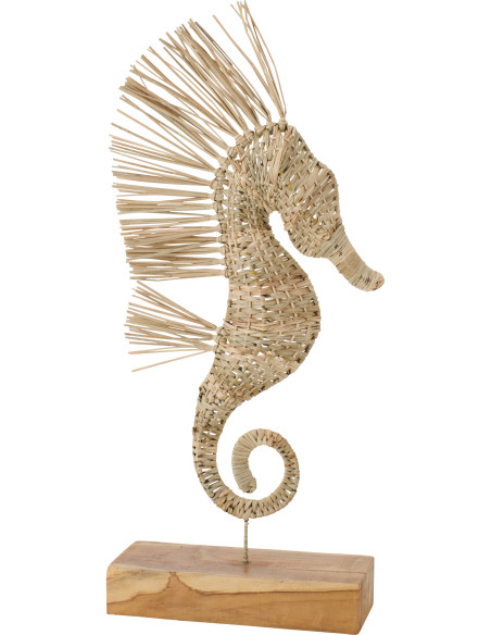 Grande Sculpture déco sur pied Hippocampe H 80 cm Herbe Naturel Tressé Bois Métal Abyssino 