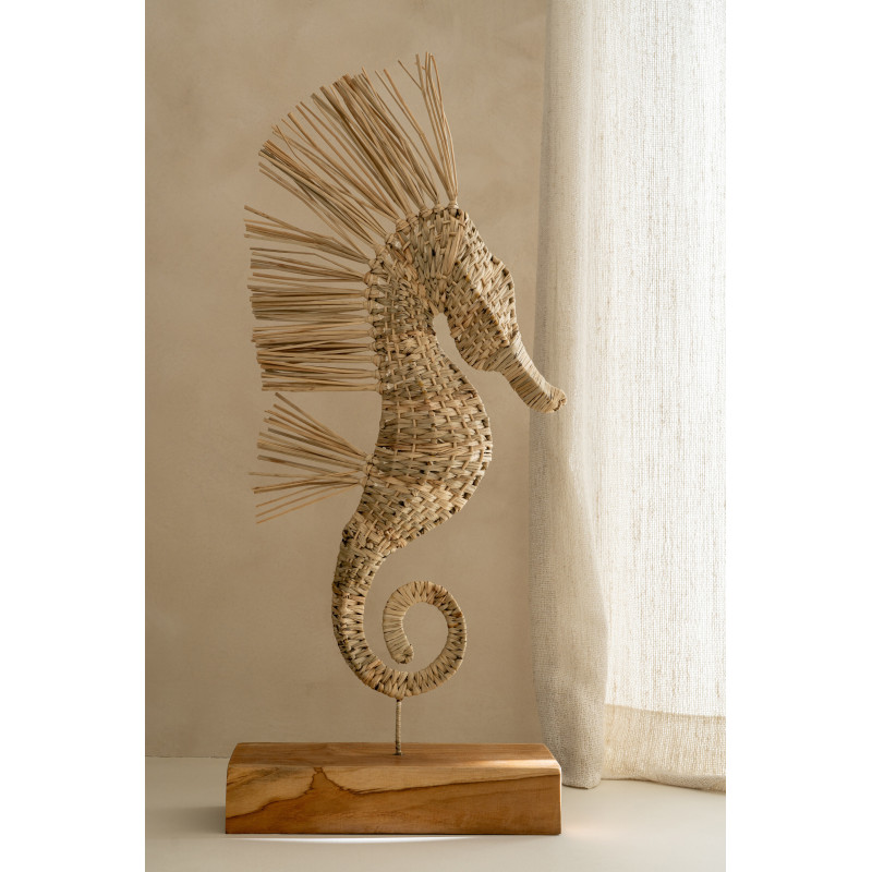 Grande Sculpture déco sur pied Hippocampe H 80 cm Herbe Naturel Tressé Bois Métal Abyssino 