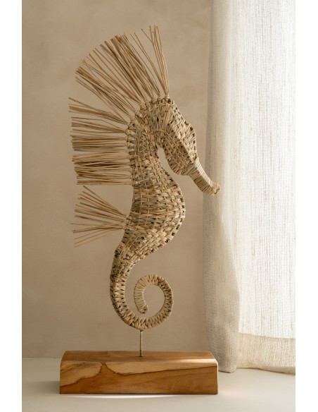 Grande Sculpture déco sur pied Hippocampe H 80 cm Herbe Naturel Tressé Bois Métal Abyssino 