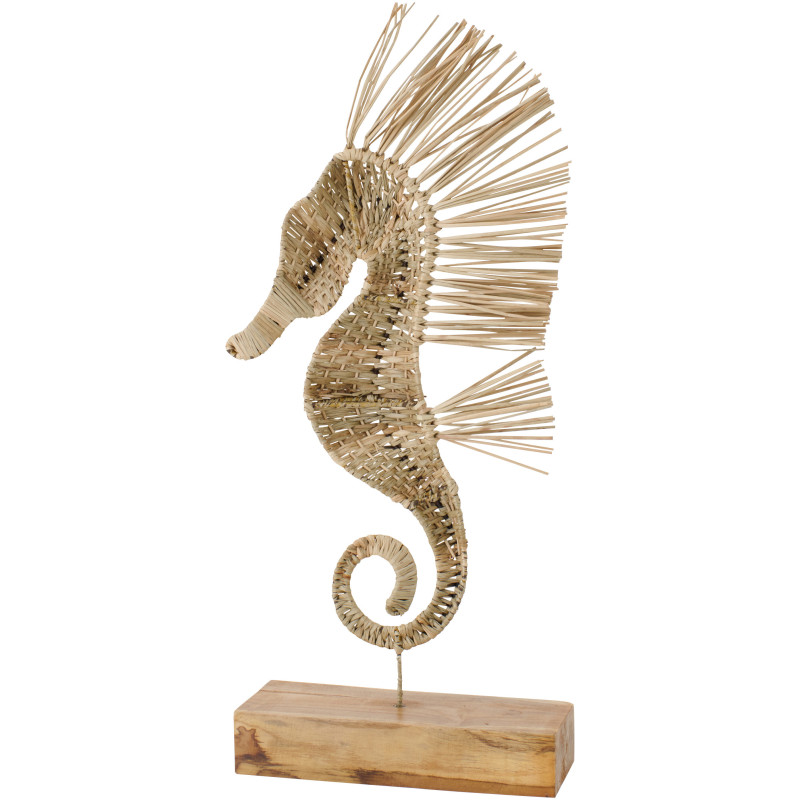 Grande Sculpture déco sur pied Hippocampe H 80 cm Herbe Naturel Tressé Bois Métal Abyssino 