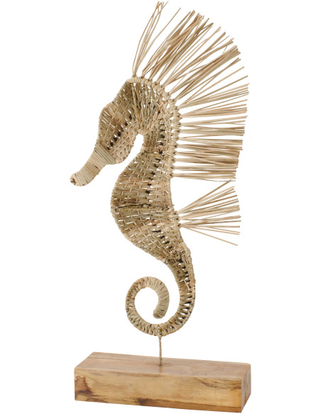 Grande Sculpture déco sur pied Hippocampe H 80 cm Herbe Naturel Tressé Bois Métal Abyssino 