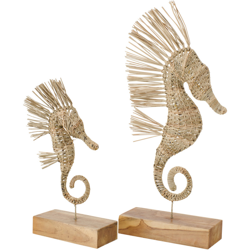 Grande Sculpture déco sur pied Hippocampe H 80 cm Herbe Naturel Tressé Bois Métal Abyssino 