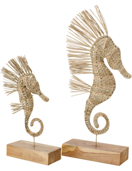 Grande Sculpture déco sur pied Hippocampe H 80 cm Herbe Naturel Tressé Bois Métal Abyssino 