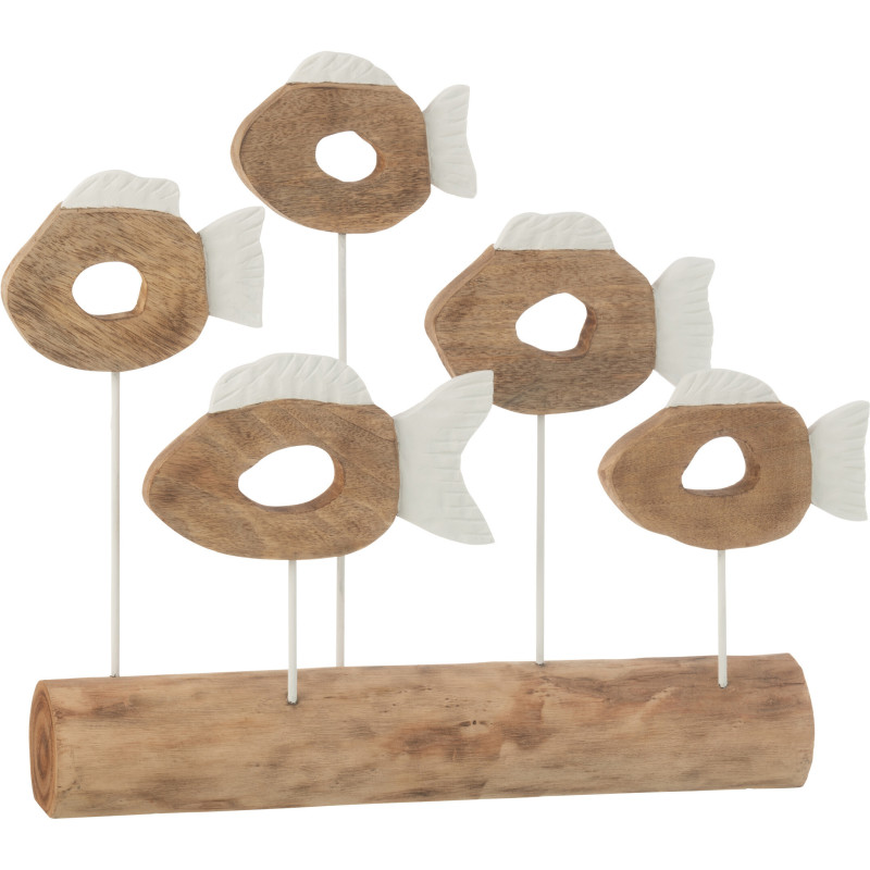 Grande Sculpture déco Poissons abstraits bord de mer sur pied 61 cm Bois de manguier Naturel Blanc Métal Driftia 