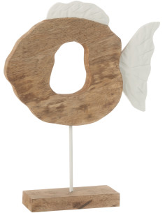 Grande Sculpture déco Poisson abstrait bord de mer sur pied H 48 cm Bois de manguier Naturel Blanc Métal Driftia 