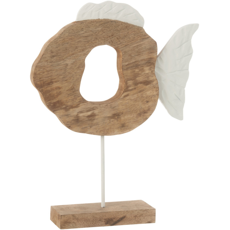 Grande Sculpture déco Poisson abstrait bord de mer sur pied H 48 cm Bois de manguier Naturel Blanc Métal Driftia 
