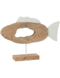 Grande Sculpture déco Poisson abstrait bord de mer sur pied 52 cm Bois de manguier Naturel Blanc Métal Driftia 