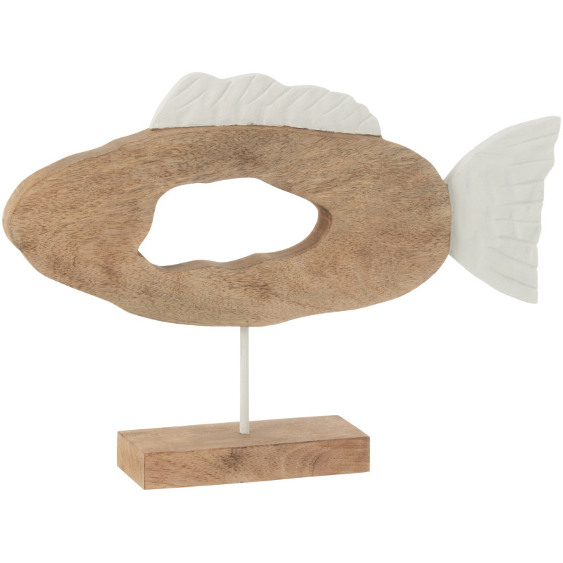 Grande Sculpture déco Poisson abstrait bord de mer sur pied 52 cm Bois de manguier Naturel Blanc Métal Driftia 
