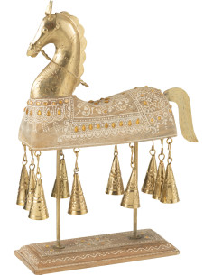 Grande Sculpture déco Cheval avec cloches 24 cm Bois de manguier Naturel Métal Doré Perle Orange Sahéra 