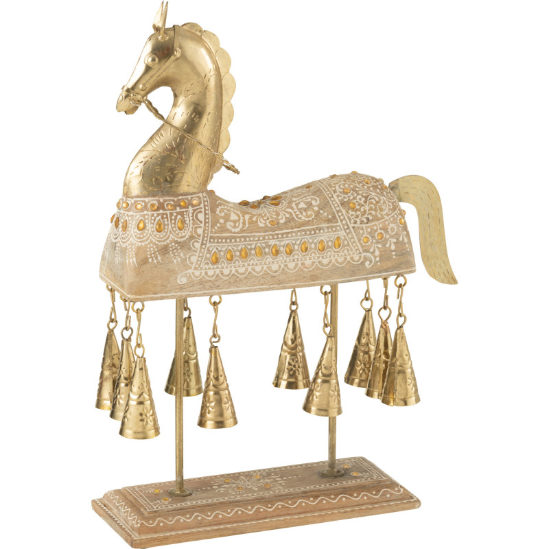 Grande Sculpture déco Cheval avec cloches 24 cm Bois de manguier Naturel Métal Doré Perle Orange Sahéra 