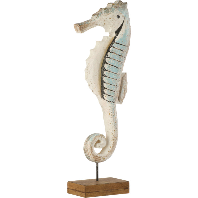 Grande Sculpture déco bord de mer Hippocampe sur pied H 33 cm Bois de paulownia Bleu clair Blanc Naturel Nautina 