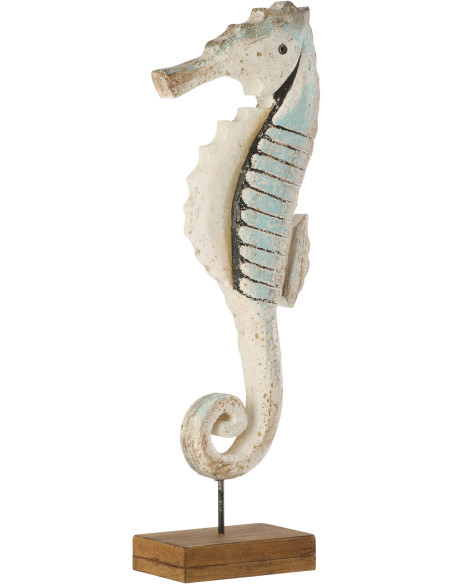 Grande Sculpture déco bord de mer Hippocampe sur pied H 33 cm Bois de paulownia Bleu clair Blanc Naturel Nautina 