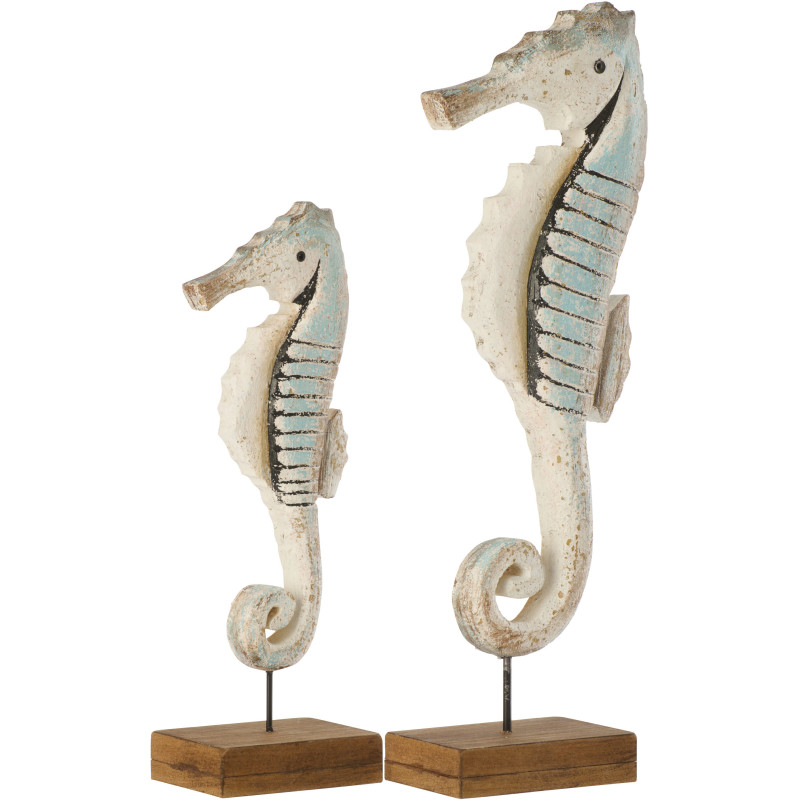 Grande Sculpture déco bord de mer Hippocampe sur pied H 33 cm Bois de paulownia Bleu clair Blanc Naturel Nautina 