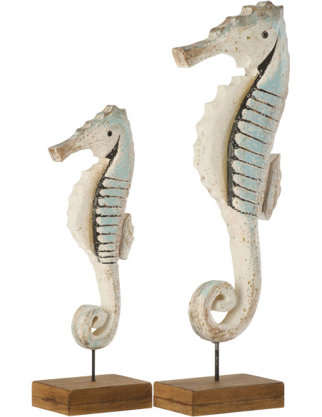 Grande Sculpture déco bord de mer Hippocampe sur pied H 33 cm Bois de paulownia Bleu clair Blanc Naturel Nautina 