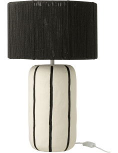 Grande Lampe à poser style méditerranéen H 60 cm Céramique Blanc Noir Motif lignes Rotin synthétique Tressé Soléna 