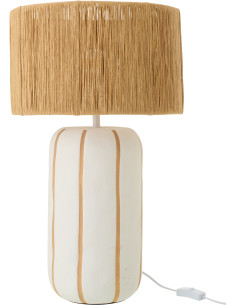 Grande Lampe à poser style méditerranéen H 60 cm Céramique Blanc Beige Motif lignes Rotin synthétique Naturel Tressé Soléna 