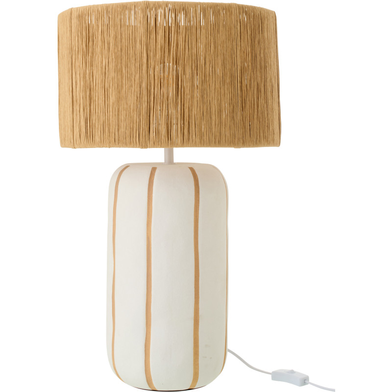 Grande Lampe à poser style méditerranéen H 60 cm Céramique Blanc Beige Motif lignes Rotin synthétique Naturel Tressé Soléna 