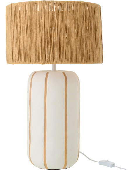 Grande Lampe à poser style méditerranéen H 60 cm Céramique Blanc Beige Motif lignes Rotin synthétique Naturel Tressé Soléna 