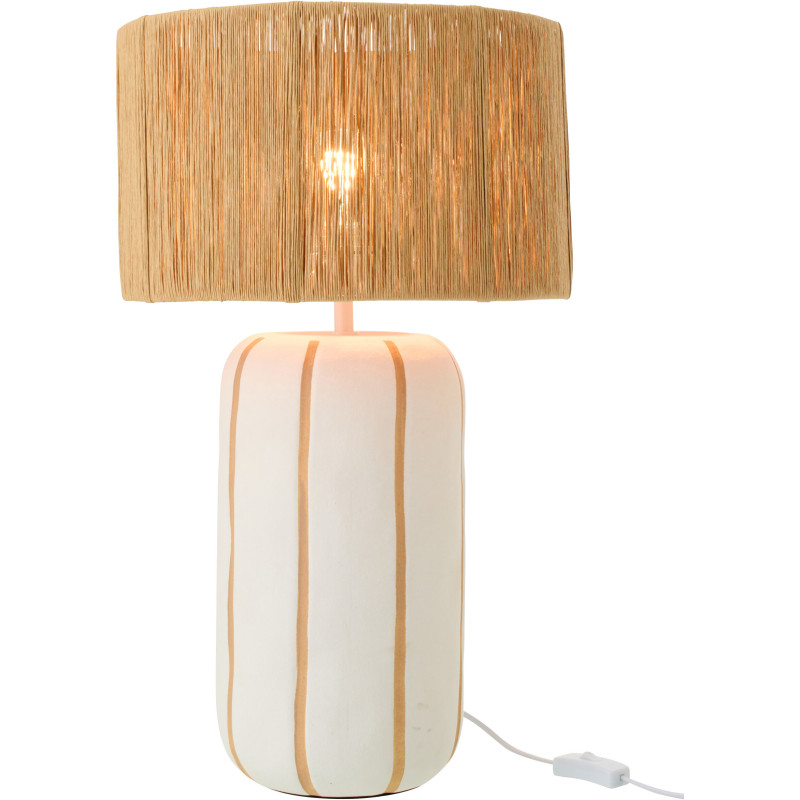 Grande Lampe à poser style méditerranéen H 60 cm Céramique Blanc Beige Motif lignes Rotin synthétique Naturel Tressé Soléna 