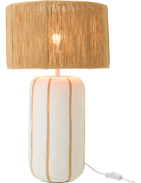 Grande Lampe à poser style méditerranéen H 60 cm Céramique Blanc Beige Motif lignes Rotin synthétique Naturel Tressé Soléna 