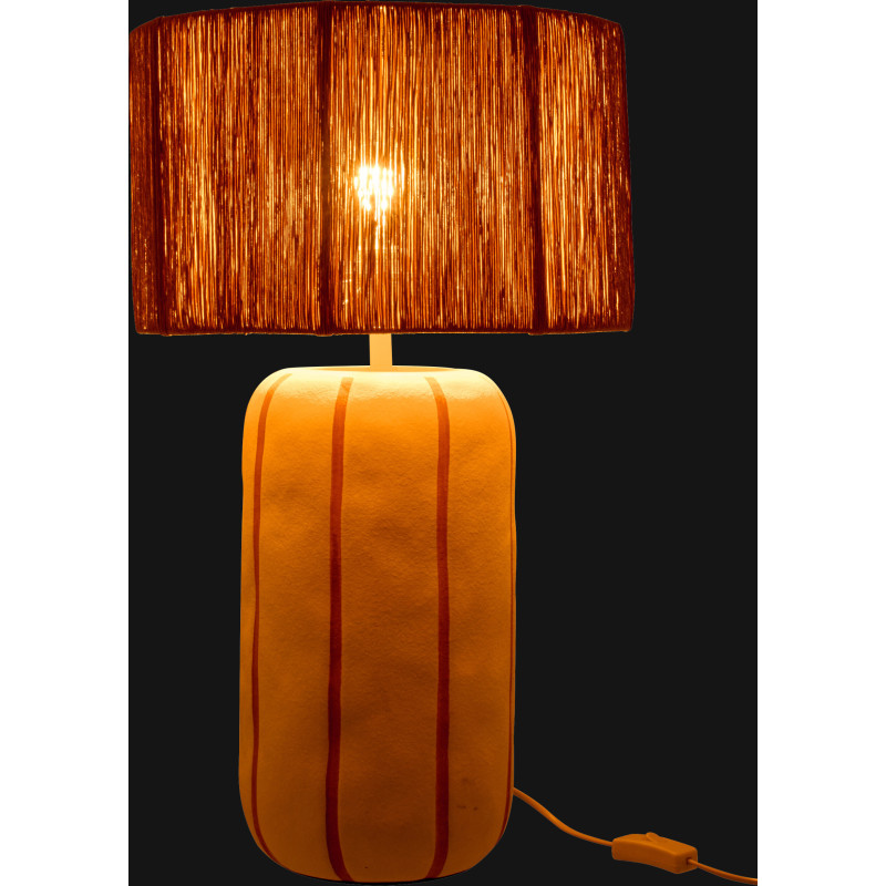 Grande Lampe à poser style méditerranéen H 60 cm Céramique Blanc Beige Motif lignes Rotin synthétique Naturel Tressé Soléna 