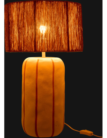 Grande Lampe à poser style méditerranéen H 60 cm Céramique Blanc Beige Motif lignes Rotin synthétique Naturel Tressé Soléna 