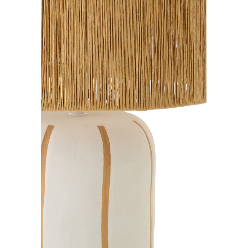 Grande Lampe à poser style méditerranéen H 60 cm Céramique Blanc Beige Motif lignes Rotin synthétique Naturel Tressé Soléna 