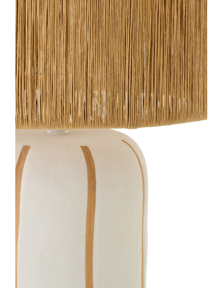 Grande Lampe à poser style méditerranéen H 60 cm Céramique Blanc Beige Motif lignes Rotin synthétique Naturel Tressé Soléna 