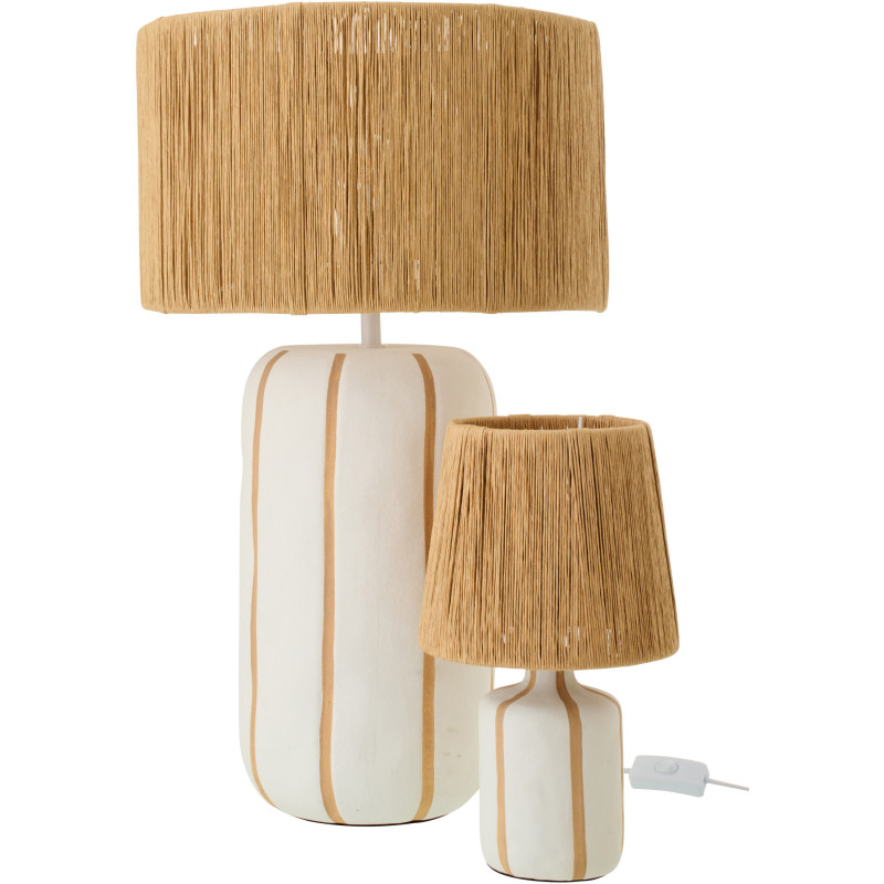 Grande Lampe à poser style méditerranéen H 60 cm Céramique Blanc Beige Motif lignes Rotin synthétique Naturel Tressé Soléna 