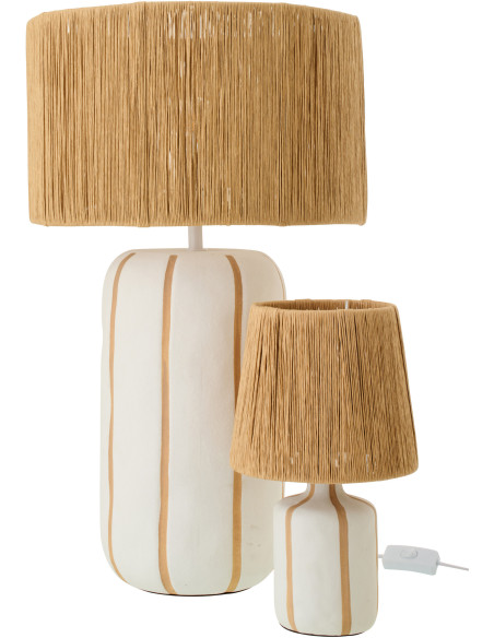 Grande Lampe à poser style méditerranéen H 60 cm Céramique Blanc Beige Motif lignes Rotin synthétique Naturel Tressé Soléna 