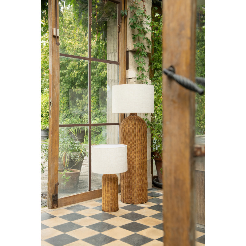Grande Lampe à poser Cylindre bord de mer chic H 66 cm Rotin Naturel Tressé Tissu Blanc écru Rotyra 
