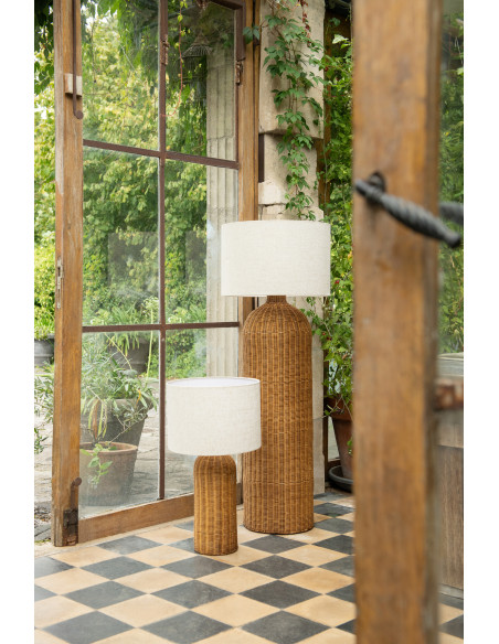 Grande Lampe à poser Cylindre bord de mer chic H 66 cm Rotin Naturel Tressé Tissu Blanc écru Rotyra 