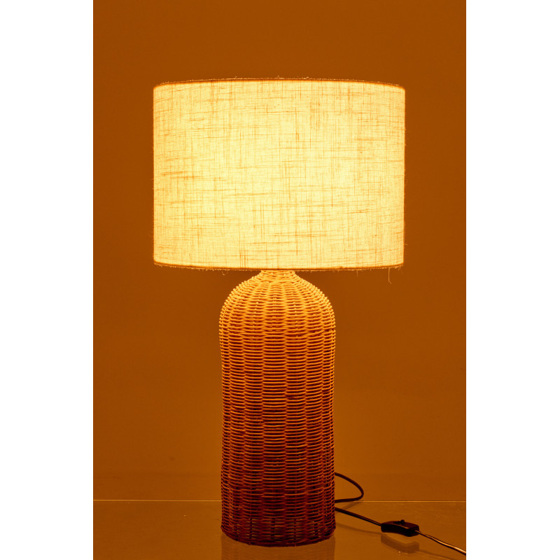 Grande Lampe à poser Cylindre bord de mer chic H 66 cm Rotin Naturel Tressé Tissu Blanc écru Rotyra 