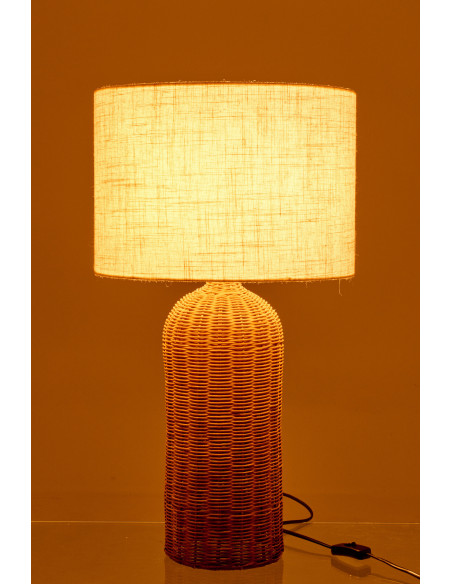Grande Lampe à poser Cylindre bord de mer chic H 66 cm Rotin Naturel Tressé Tissu Blanc écru Rotyra 