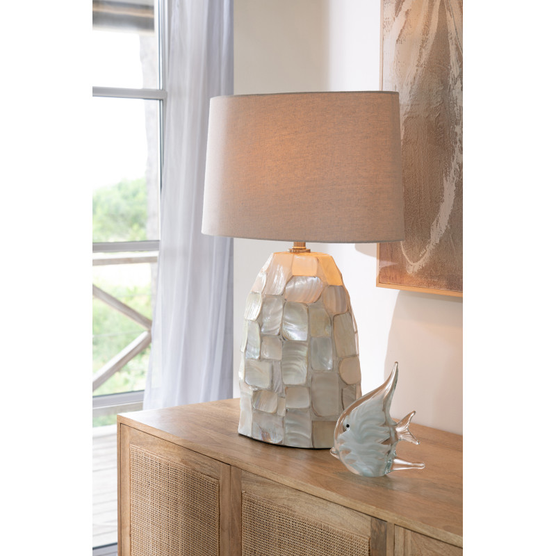 Grande Lampe à poser bord de mer H 67 cm Coquillage Blanc Effet nacré Lin Beige Métal Doré Nacrisa 