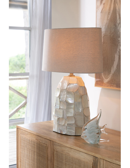 Grande Lampe à poser bord de mer H 67 cm Coquillage Blanc Effet nacré Lin Beige Métal Doré Nacrisa 