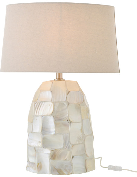 Grande Lampe à poser bord de mer H 67 cm Coquillage Blanc Effet nacré Lin Beige Métal Doré Nacrisa 