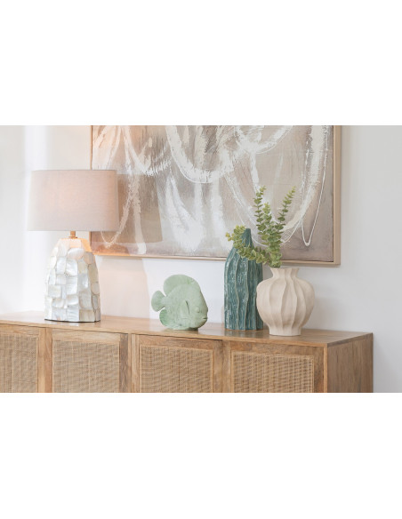 Grande Lampe à poser bord de mer H 67 cm Coquillage Blanc Effet nacré Lin Beige Métal Doré Nacrisa 