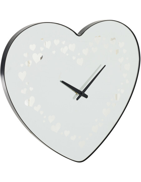 Grande Horloge murale design Coeur H 60 cm Verre Blanc Métal Noir Lovelina 