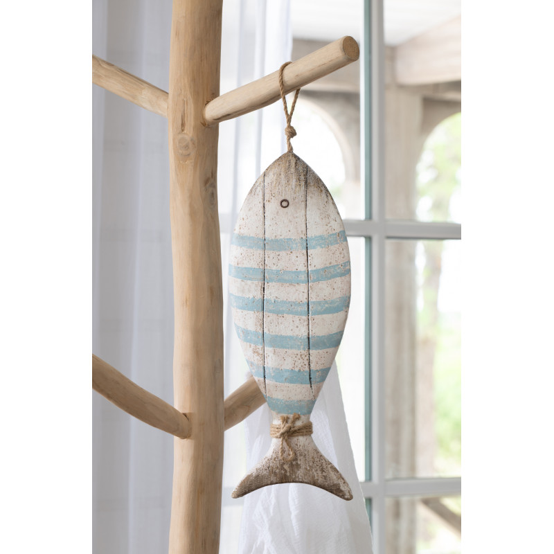 Grande Décoration à suspendre Poisson H 52 cm Bois de paulownia Bleu clair Blanc Naturel Nautina 