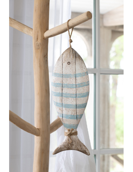 Grande Décoration à suspendre Poisson H 52 cm Bois de paulownia Bleu clair Blanc Naturel Nautina 