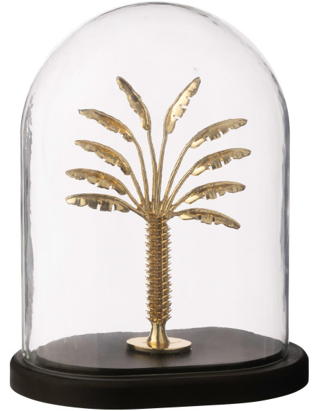 Grande Cloche déco exotique chic Palmier H 28 cm Verre Transparent Résine Doré Evasa 