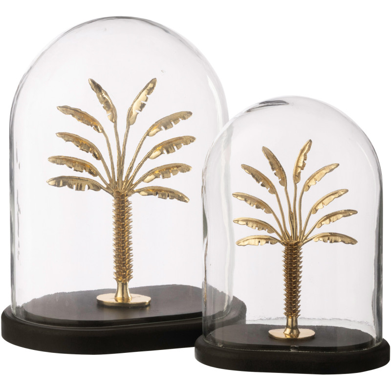 Grande Cloche déco exotique chic Palmier H 28 cm Verre Transparent Résine Doré Evasa 